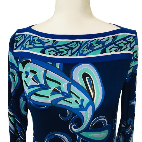 Drop Waist Dress Blue White Green Swirls ¾ Sleeves Stretch Ali Ro Women’s Size 2 - Picture 6 of 16